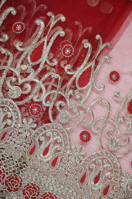 AIzaSyBcstauz-XMPRhEY21AUzeo032pxrXB5Ug - Big Width''56'' Red Thread With Zari Traditional Embroidery Work On Red Soft Net Fabric With Border