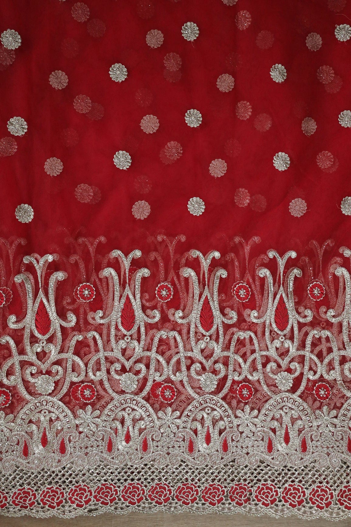 AIzaSyBcstauz-XMPRhEY21AUzeo032pxrXB5Ug - Big Width''56'' Red Thread With Zari Traditional Embroidery Work On Red Soft Net Fabric With Border