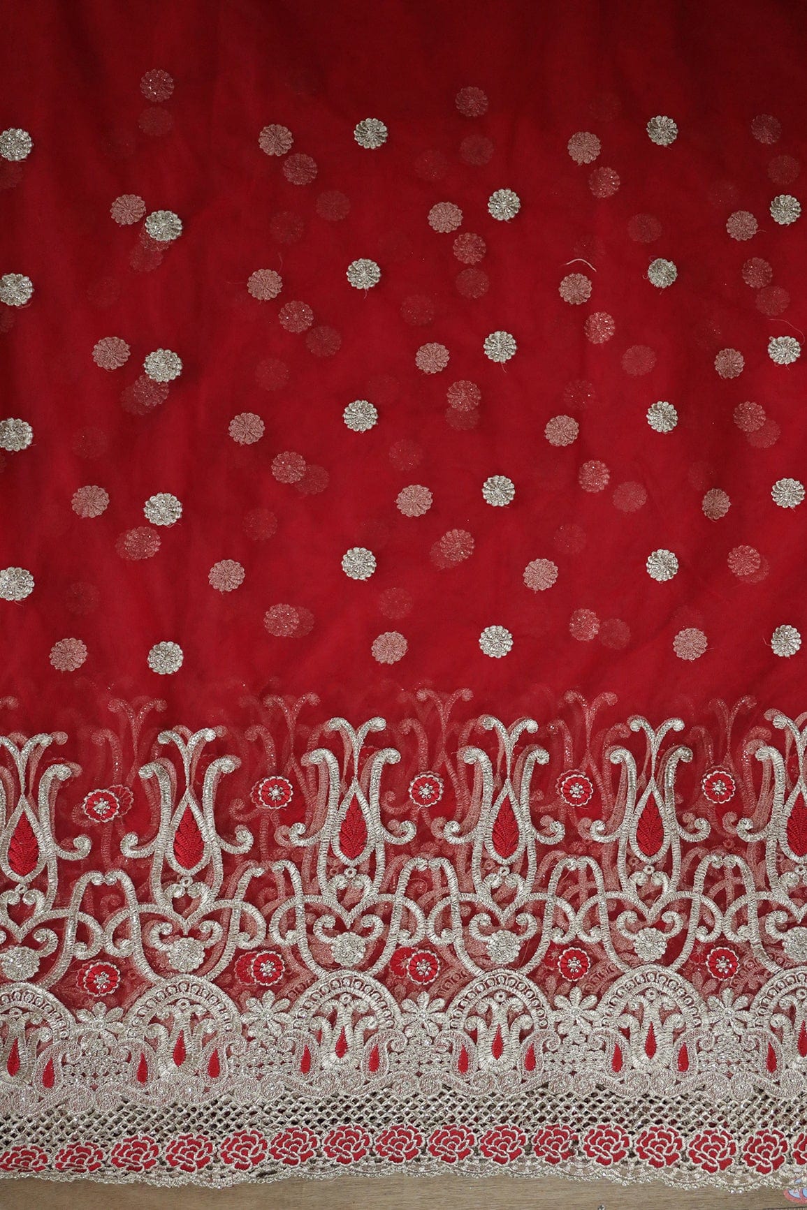 AIzaSyBcstauz-XMPRhEY21AUzeo032pxrXB5Ug - Big Width''56'' Red Thread With Zari Traditional Embroidery Work On Red Soft Net Fabric With Border
