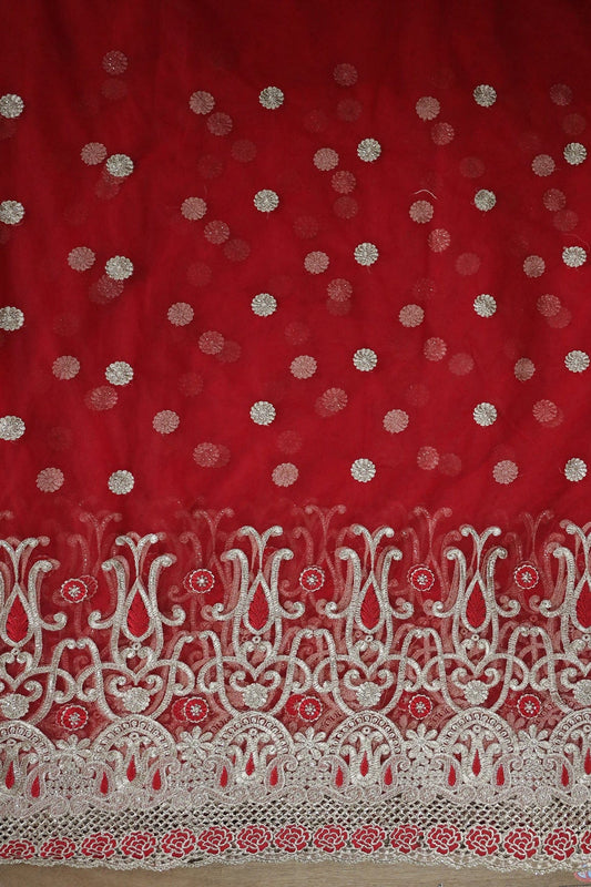 AIzaSyBcstauz-XMPRhEY21AUzeo032pxrXB5Ug - Big Width''56'' Red Thread With Zari Traditional Embroidery Work On Red Soft Net Fabric With Border