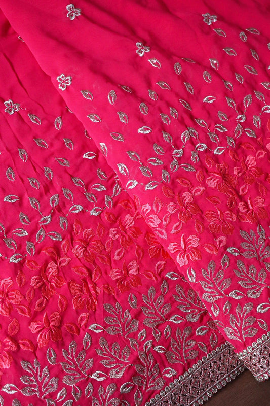 AIzaSyBcstauz-XMPRhEY21AUzeo032pxrXB5Ug - Big Width''56'' Silver Zari Leafy Embroidery Work On Gajri Georgette Fabric With Border