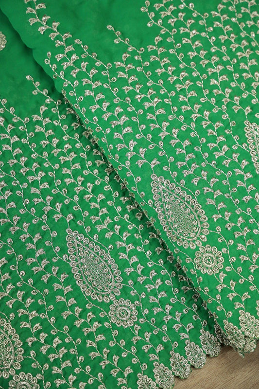 AIzaSyBcstauz-XMPRhEY21AUzeo032pxrXB5Ug - Big Width''56'' Silver Zari Leafy Embroidery Work On Green Georgette Fabric With Border