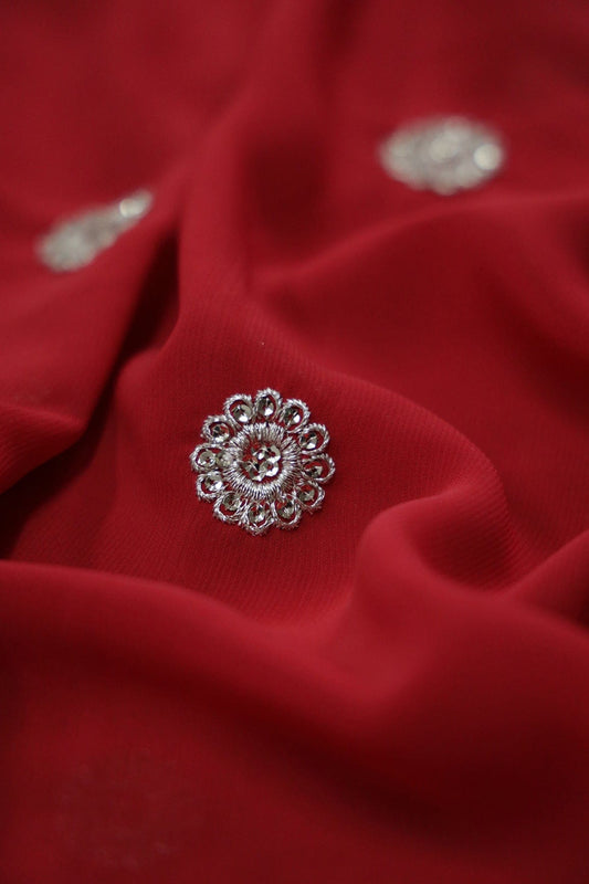 AIzaSyBcstauz-XMPRhEY21AUzeo032pxrXB5Ug - Big Width''56'' Silver Zari Leafy Embroidery Work On Red Georgette Fabric With Border