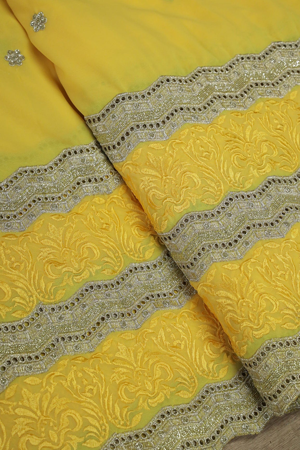 AIzaSyBcstauz-XMPRhEY21AUzeo032pxrXB5Ug - Big Width''56'' Yellow Thread With Zari Ethnic Embroidery Work On Yellow Georgette Fabric With Border