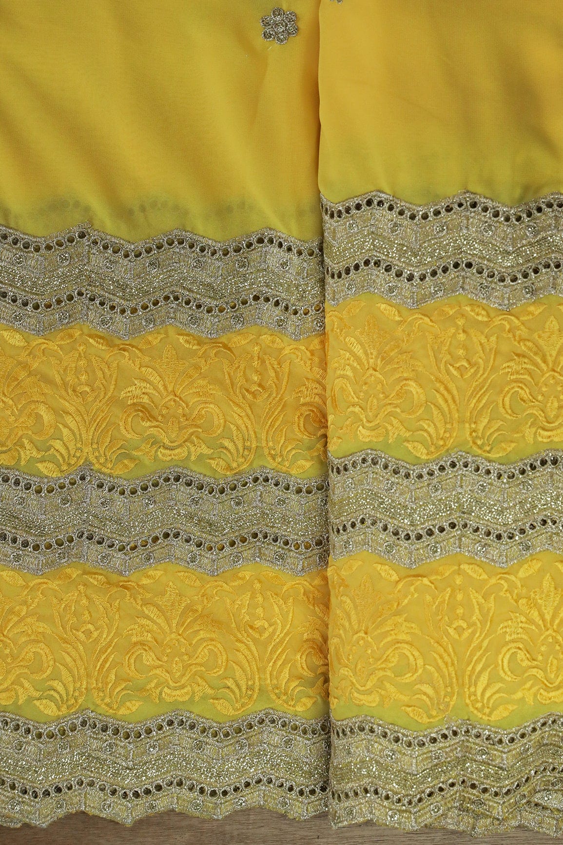 AIzaSyBcstauz-XMPRhEY21AUzeo032pxrXB5Ug - Big Width''56'' Yellow Thread With Zari Ethnic Embroidery Work On Yellow Georgette Fabric With Border