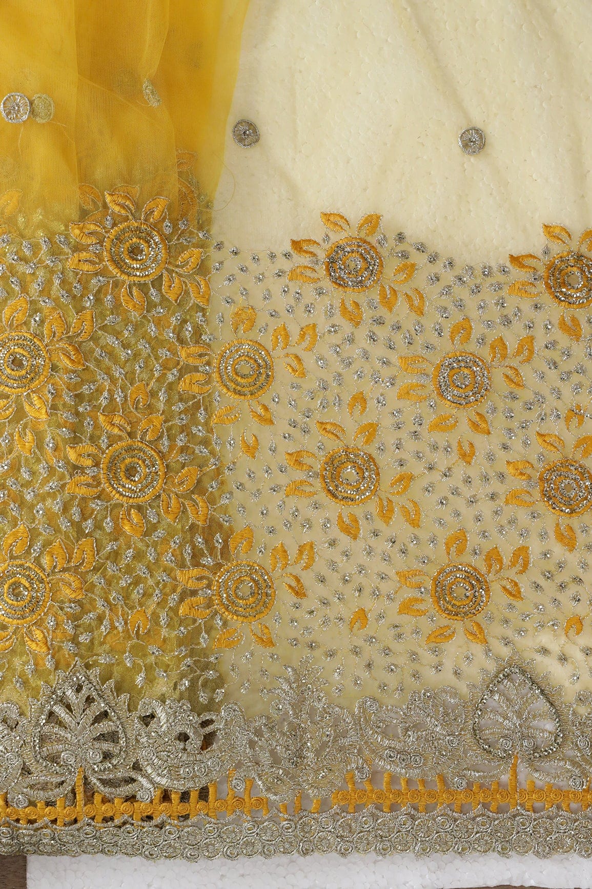 AIzaSyBcstauz-XMPRhEY21AUzeo032pxrXB5Ug - Big Width''56'' Yellow Thread With Zari Floral Embroidery Work On Yellow Soft Net Fabric With Border