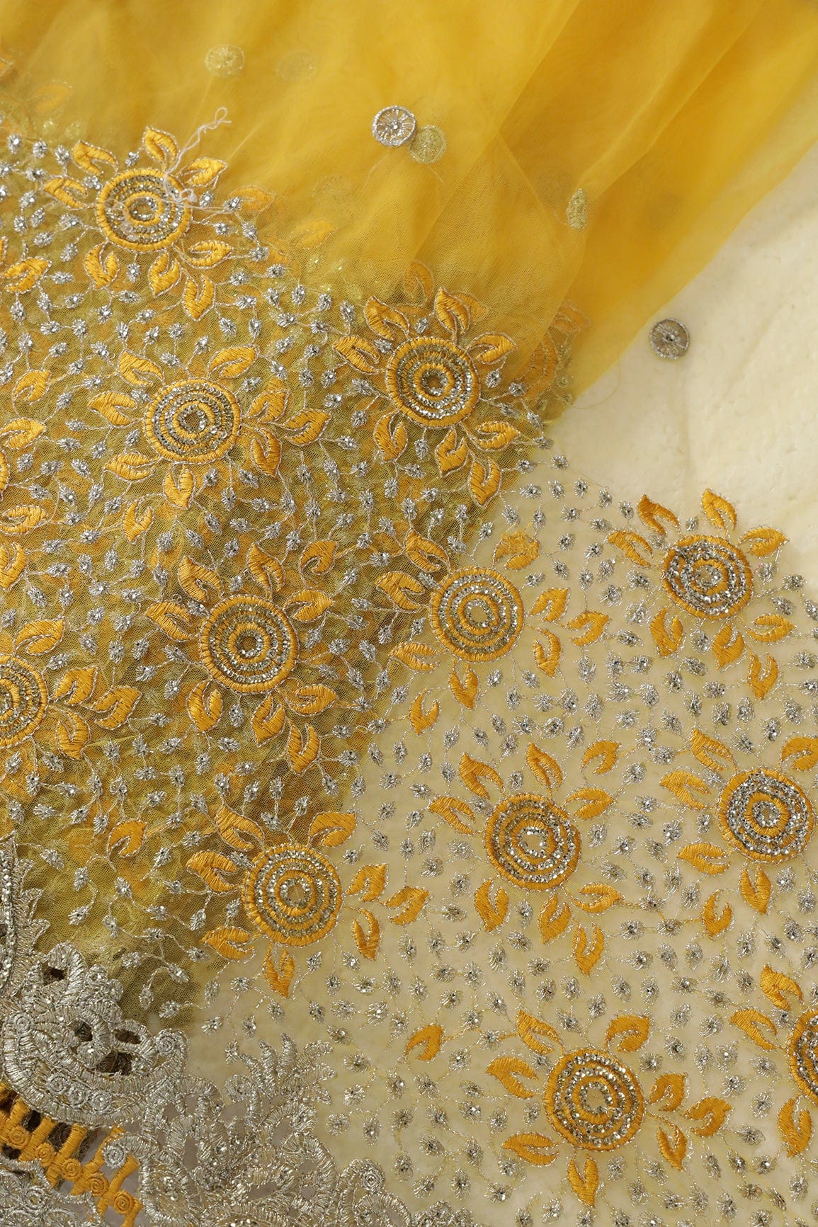 AIzaSyBcstauz-XMPRhEY21AUzeo032pxrXB5Ug - Big Width''56'' Yellow Thread With Zari Floral Embroidery Work On Yellow Soft Net Fabric With Border