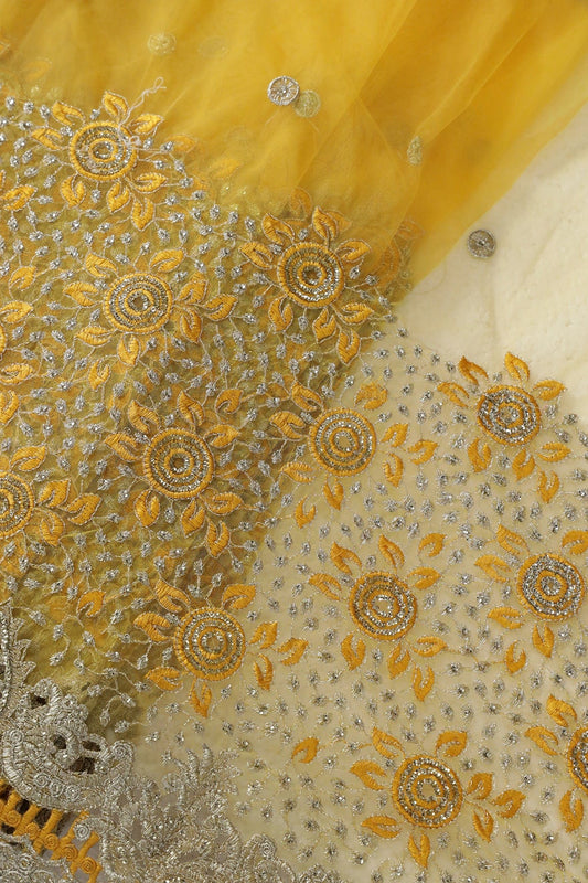 AIzaSyBcstauz-XMPRhEY21AUzeo032pxrXB5Ug - Big Width''56'' Yellow Thread With Zari Floral Embroidery Work On Yellow Soft Net Fabric With Border