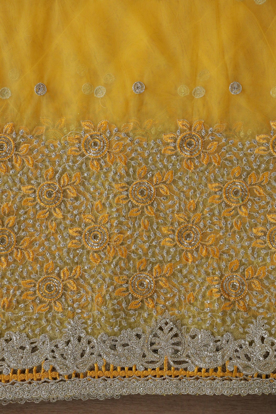 AIzaSyBcstauz-XMPRhEY21AUzeo032pxrXB5Ug - Big Width''56'' Yellow Thread With Zari Floral Embroidery Work On Yellow Soft Net Fabric With Border