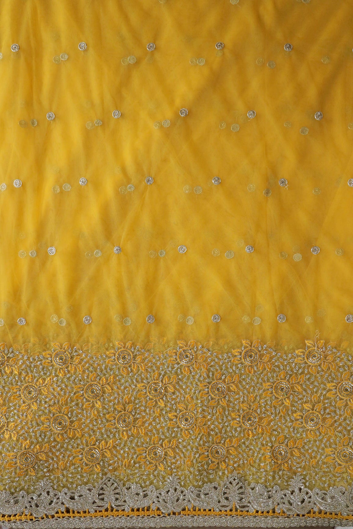 AIzaSyBcstauz-XMPRhEY21AUzeo032pxrXB5Ug - Big Width''56'' Yellow Thread With Zari Floral Embroidery Work On Yellow Soft Net Fabric With Border