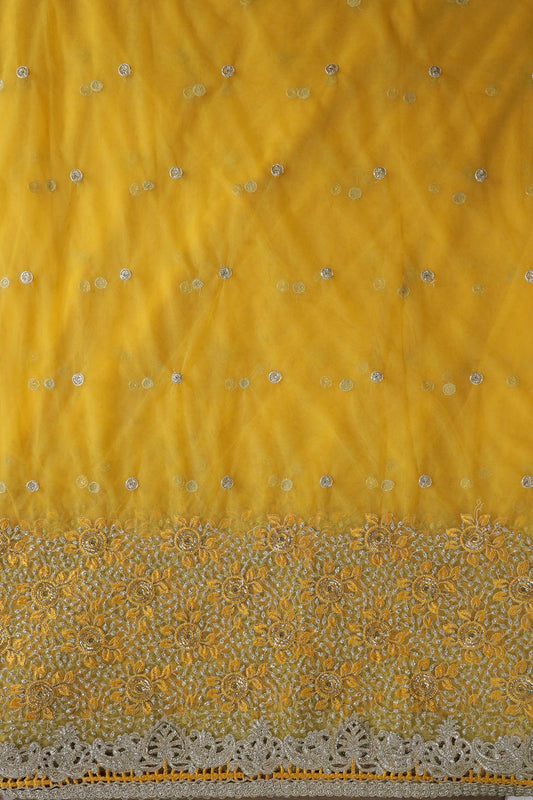 AIzaSyBcstauz-XMPRhEY21AUzeo032pxrXB5Ug - Big Width''56'' Yellow Thread With Zari Floral Embroidery Work On Yellow Soft Net Fabric With Border