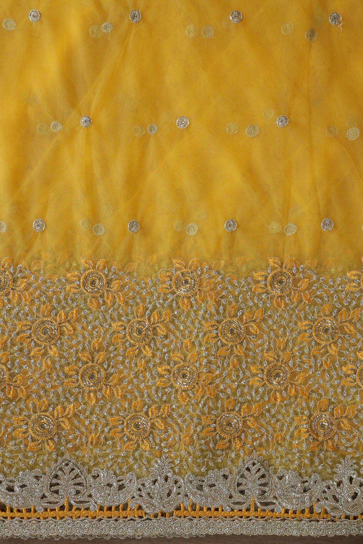 AIzaSyBcstauz-XMPRhEY21AUzeo032pxrXB5Ug - Big Width''56'' Yellow Thread With Zari Floral Embroidery Work On Yellow Soft Net Fabric With Border