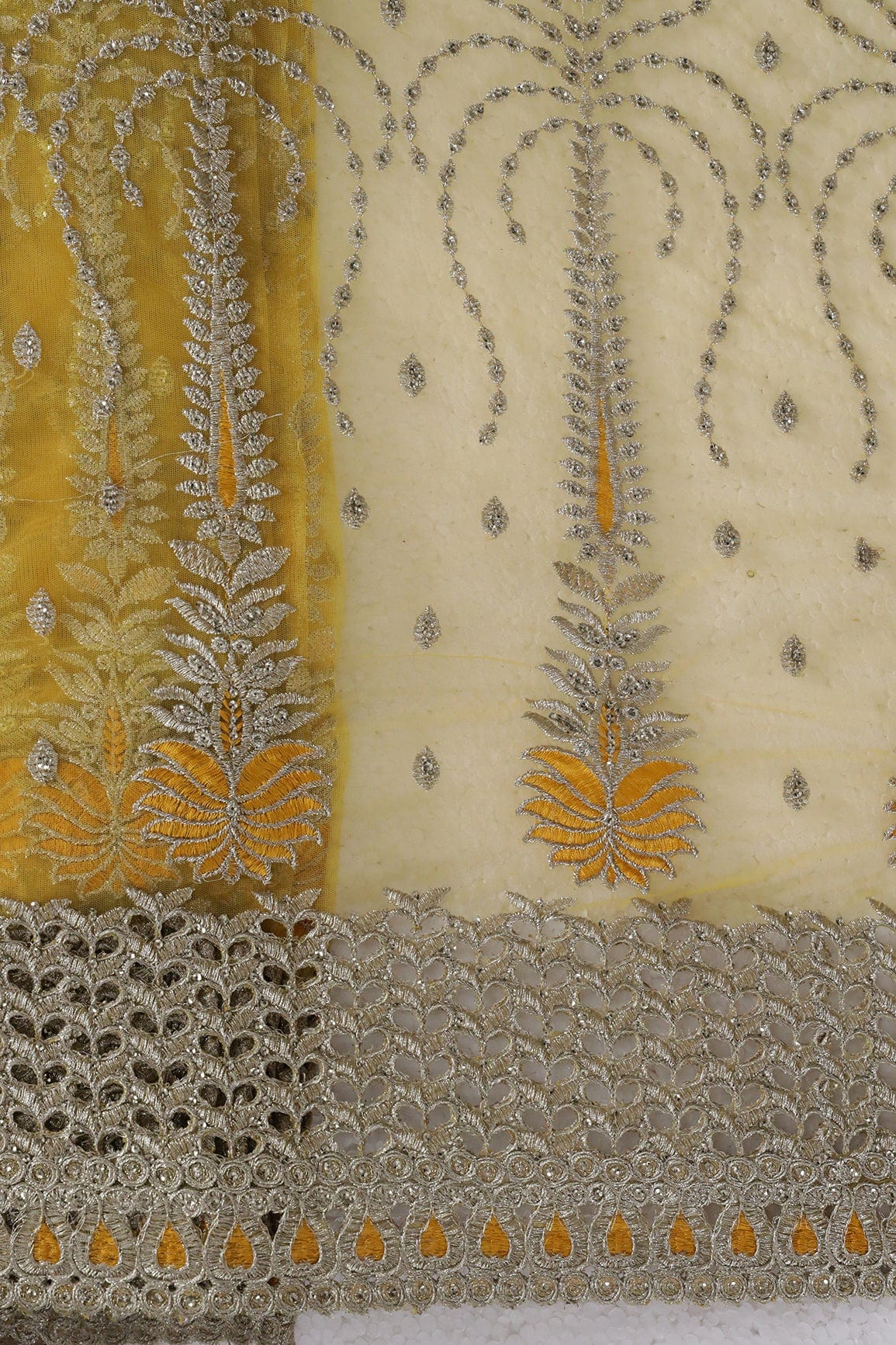 AIzaSyBcstauz-XMPRhEY21AUzeo032pxrXB5Ug - Big Width''56'' Yellow Thread With Zari Traditional Embroidery Work On Yellow Soft Net Fabric With Border