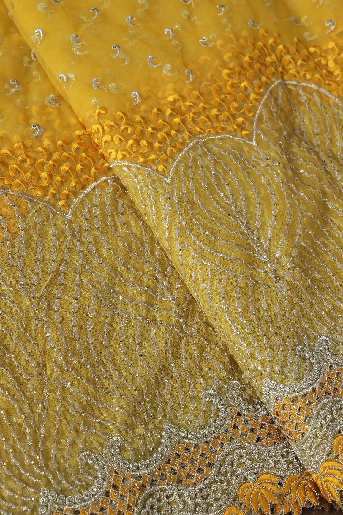 AIzaSyBcstauz-XMPRhEY21AUzeo032pxrXB5Ug - Big Width''56'' Yellow Thread With Zari Traditional Embroidery Work On Yellow Soft Net Fabric With Border