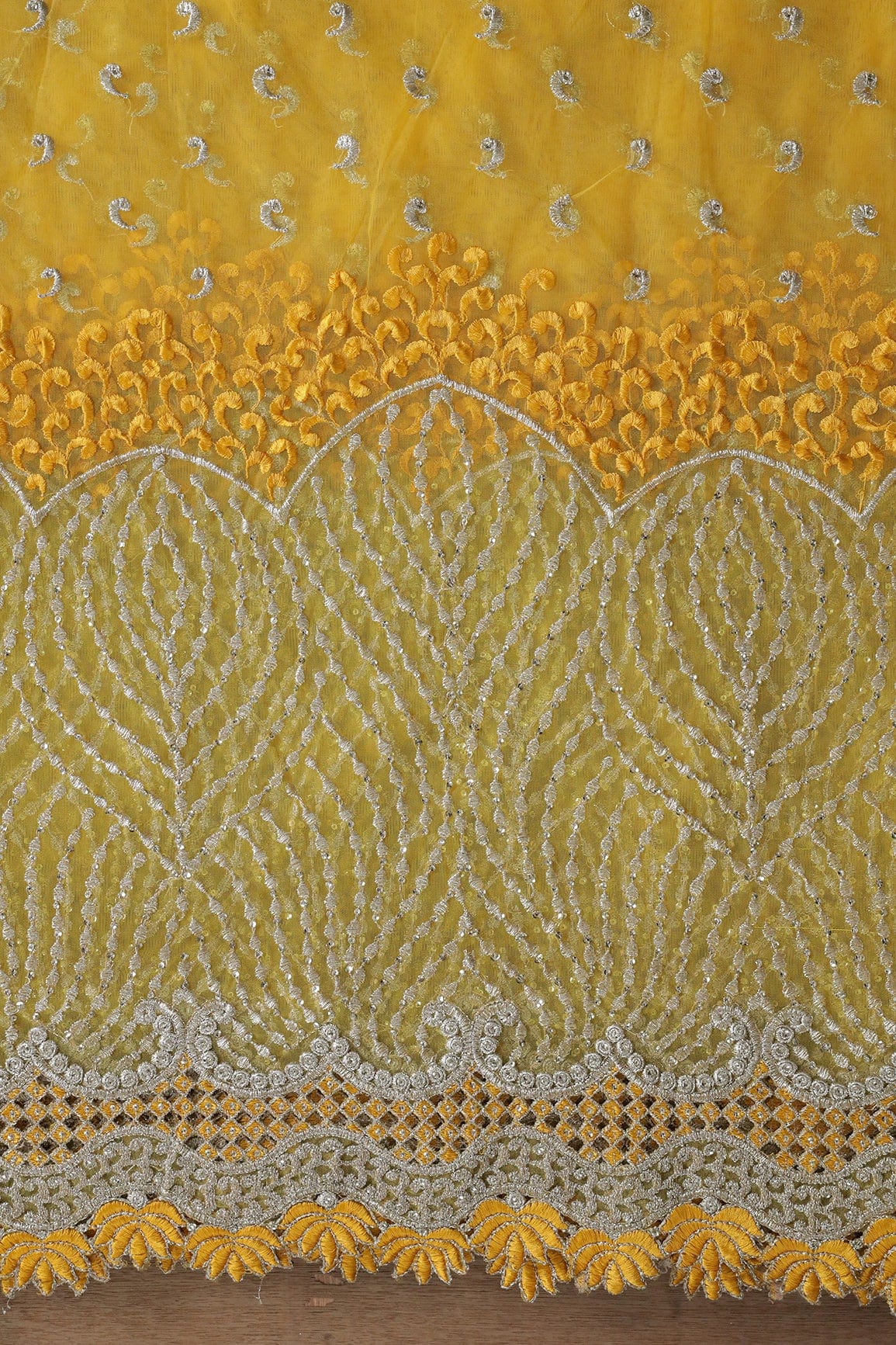 AIzaSyBcstauz-XMPRhEY21AUzeo032pxrXB5Ug - Big Width''56'' Yellow Thread With Zari Traditional Embroidery Work On Yellow Soft Net Fabric With Border