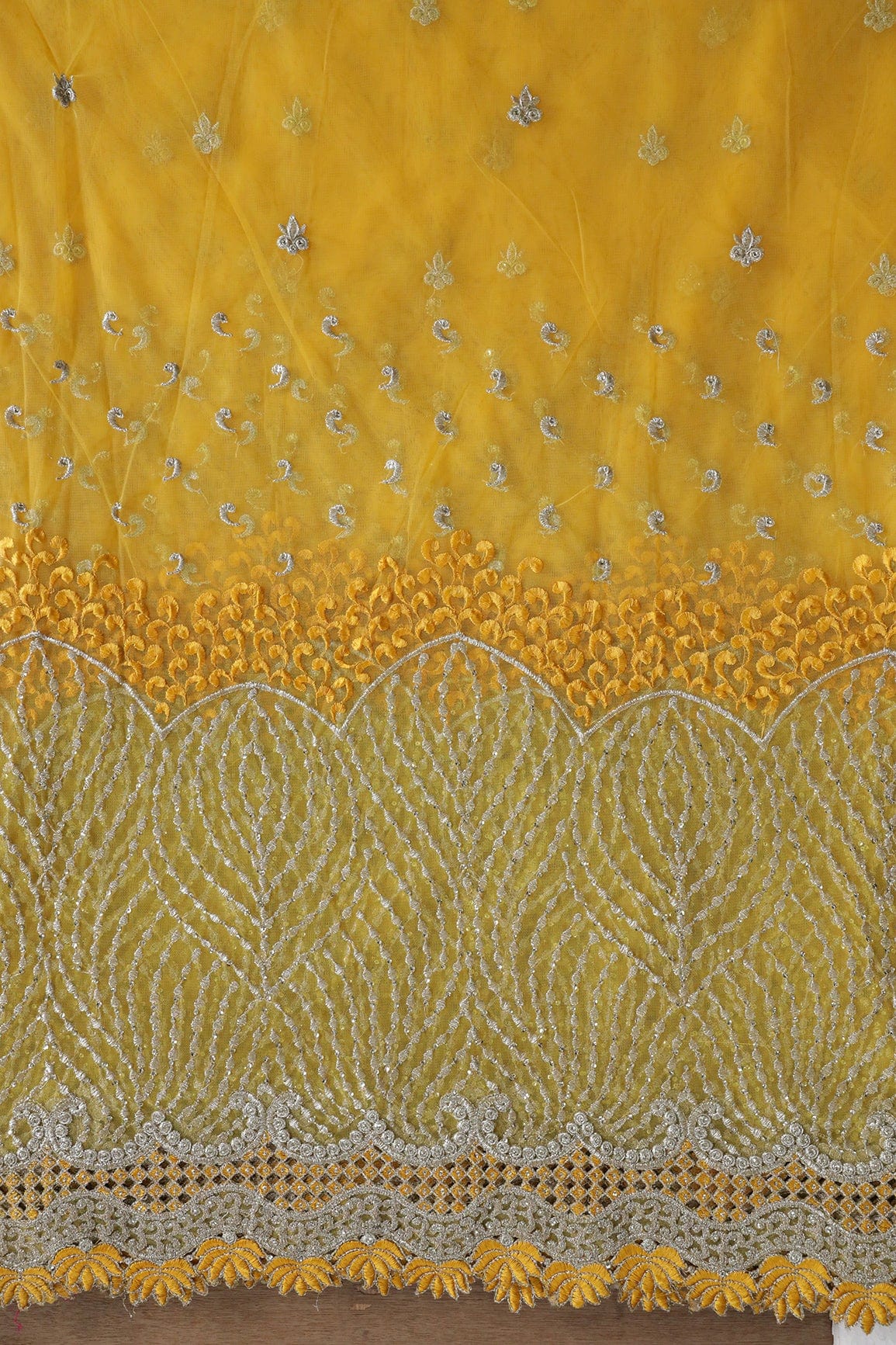 AIzaSyBcstauz-XMPRhEY21AUzeo032pxrXB5Ug - Big Width''56'' Yellow Thread With Zari Traditional Embroidery Work On Yellow Soft Net Fabric With Border