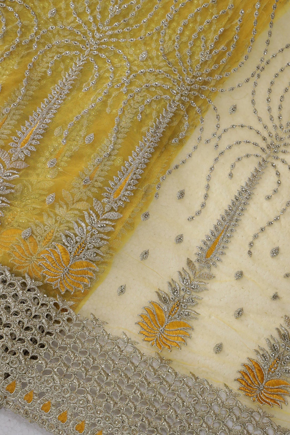 AIzaSyBcstauz-XMPRhEY21AUzeo032pxrXB5Ug - Big Width''56'' Yellow Thread With Zari Traditional Embroidery Work On Yellow Soft Net Fabric With Border