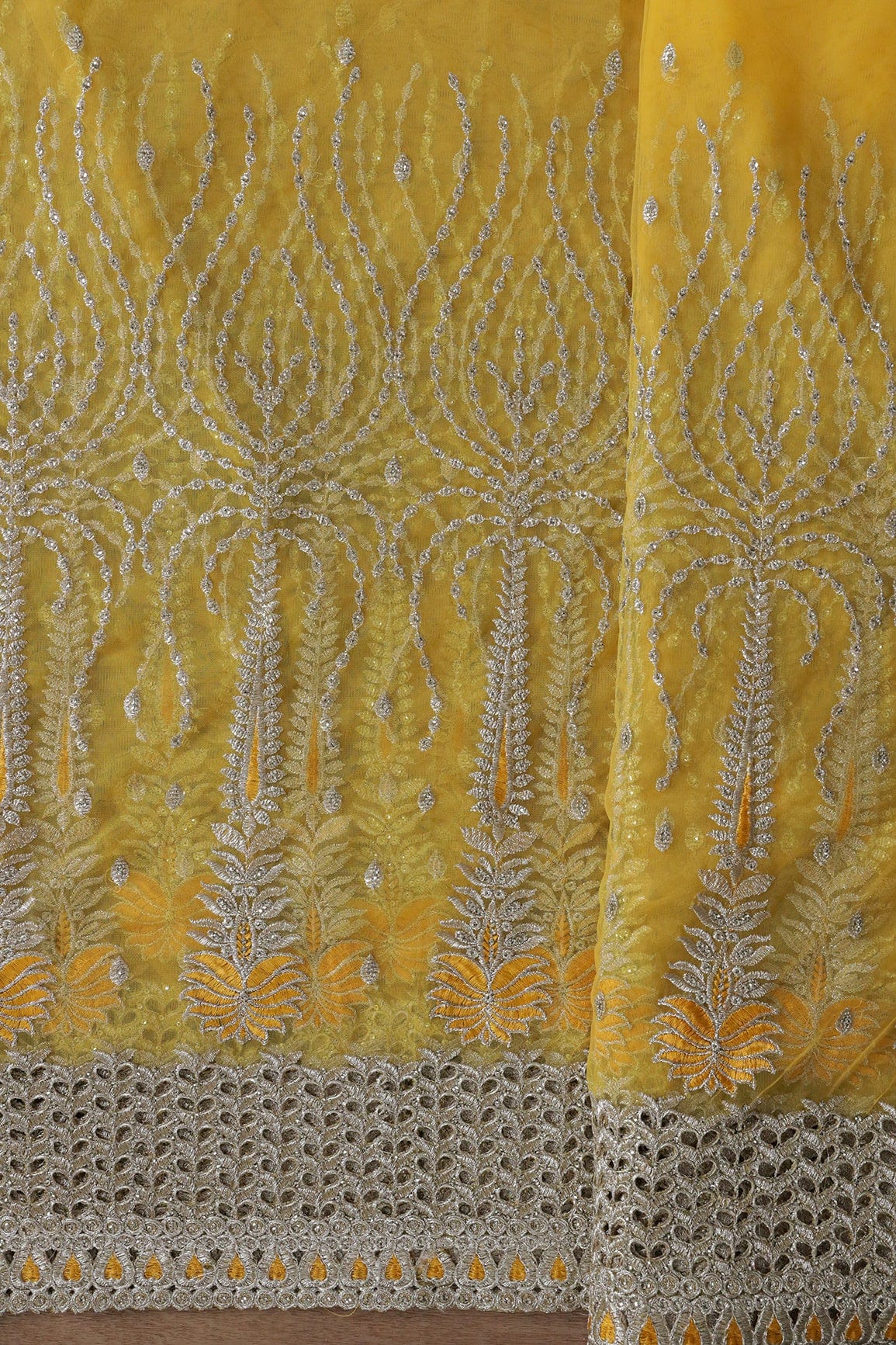 AIzaSyBcstauz-XMPRhEY21AUzeo032pxrXB5Ug - Big Width''56'' Yellow Thread With Zari Traditional Embroidery Work On Yellow Soft Net Fabric With Border