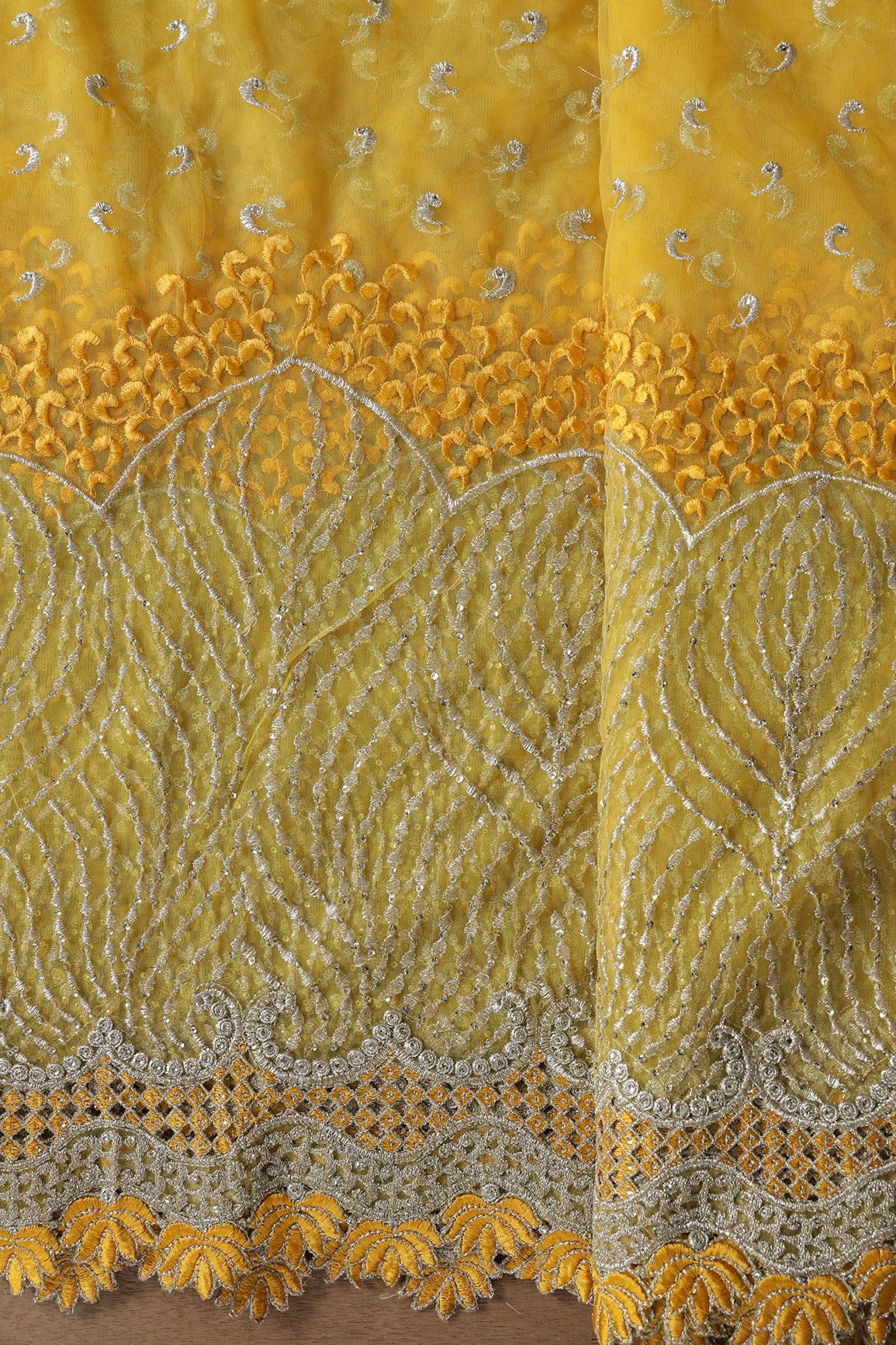 AIzaSyBcstauz-XMPRhEY21AUzeo032pxrXB5Ug - Big Width''56'' Yellow Thread With Zari Traditional Embroidery Work On Yellow Soft Net Fabric With Border