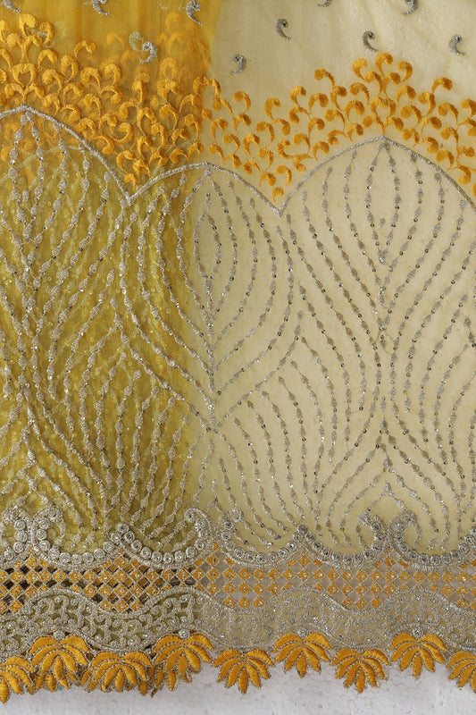 AIzaSyBcstauz-XMPRhEY21AUzeo032pxrXB5Ug - Big Width''56'' Yellow Thread With Zari Traditional Embroidery Work On Yellow Soft Net Fabric With Border