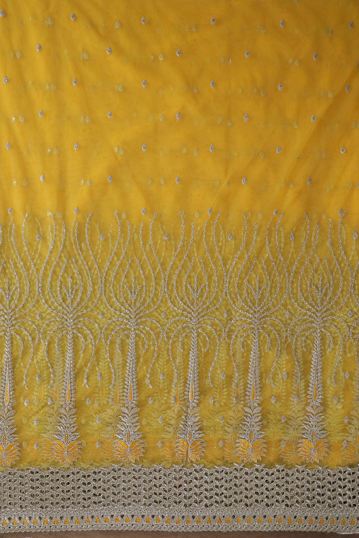 AIzaSyBcstauz-XMPRhEY21AUzeo032pxrXB5Ug - Big Width''56'' Yellow Thread With Zari Traditional Embroidery Work On Yellow Soft Net Fabric With Border