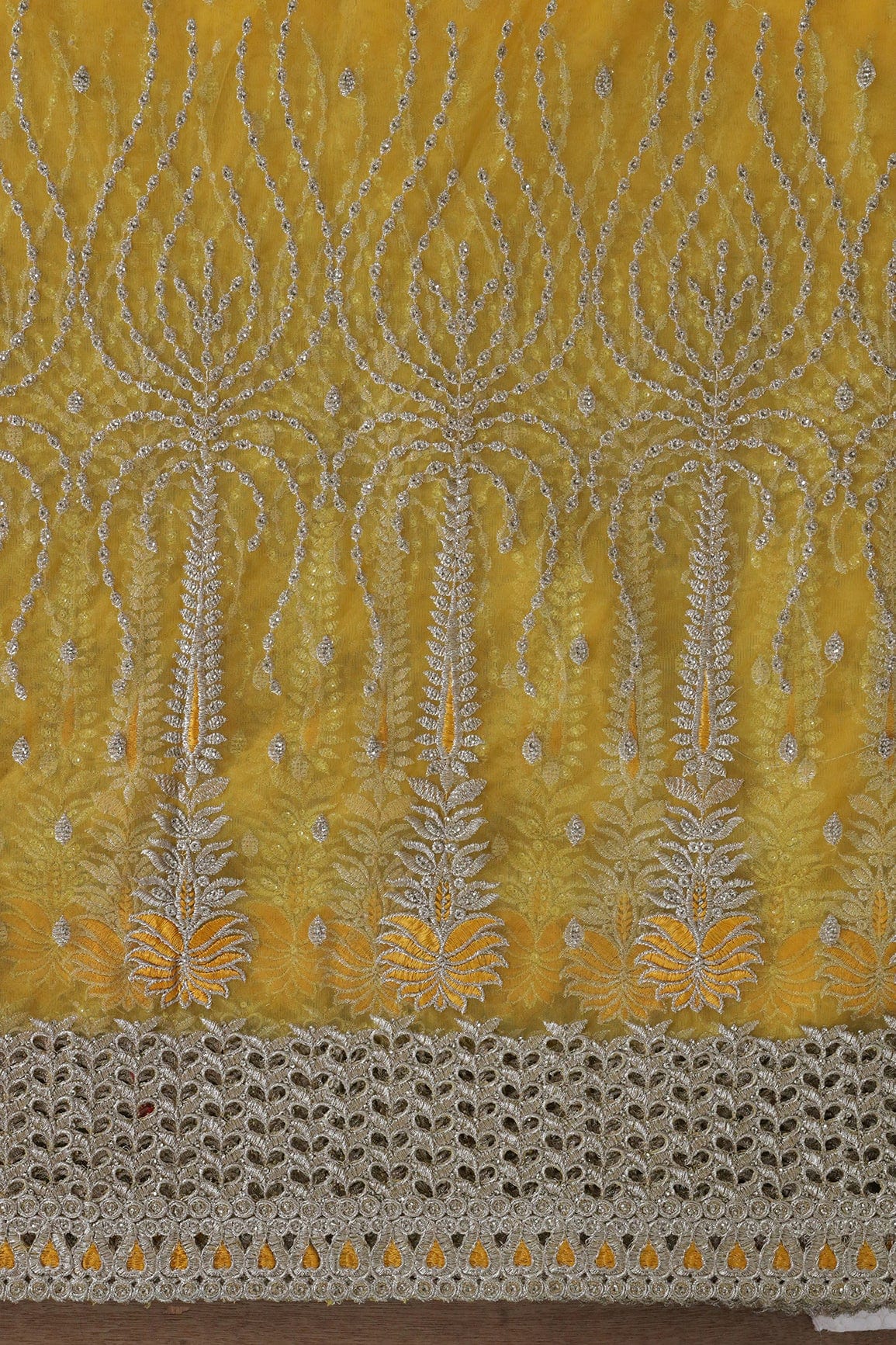 AIzaSyBcstauz-XMPRhEY21AUzeo032pxrXB5Ug - Big Width''56'' Yellow Thread With Zari Traditional Embroidery Work On Yellow Soft Net Fabric With Border