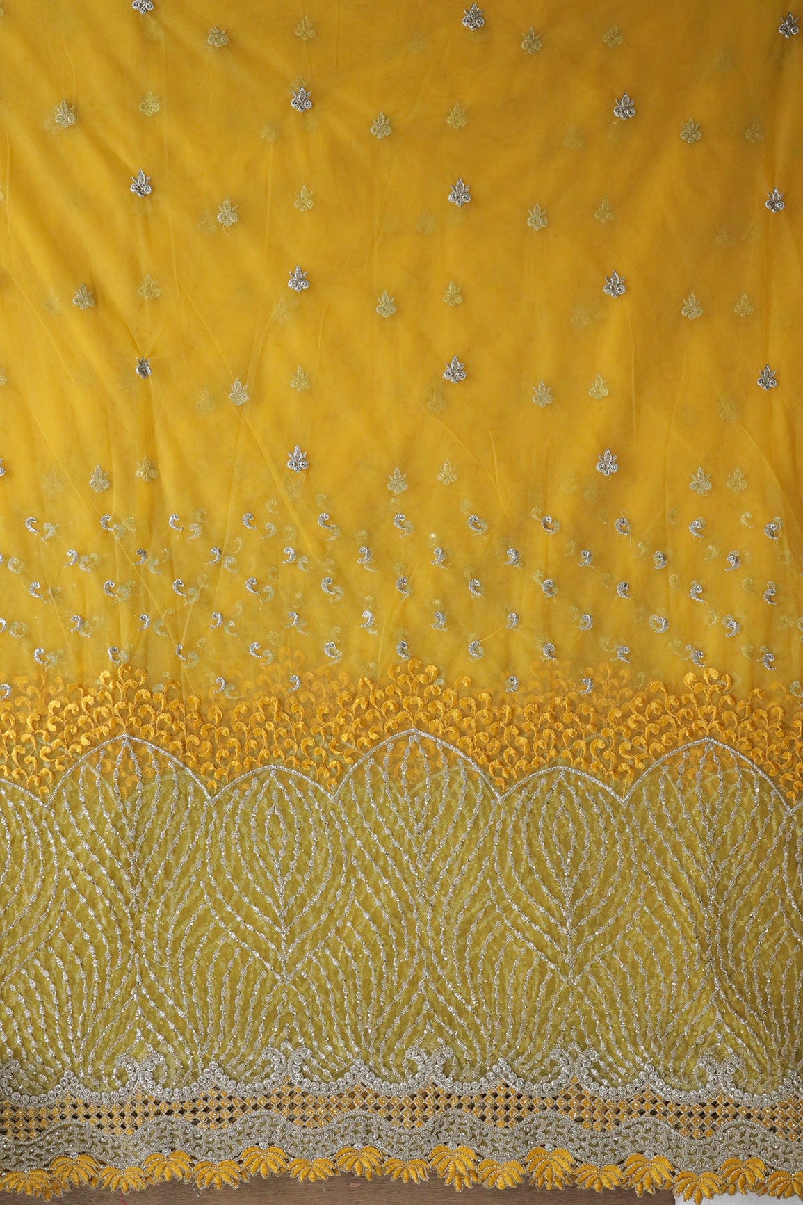 AIzaSyBcstauz-XMPRhEY21AUzeo032pxrXB5Ug - Big Width''56'' Yellow Thread With Zari Traditional Embroidery Work On Yellow Soft Net Fabric With Border