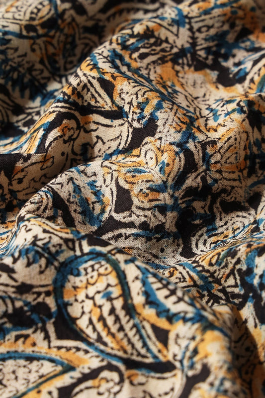 AIzaSyBcstauz-XMPRhEY21AUzeo032pxrXB5Ug - Black And Beige Floral Pattern Handblock Kalamkari Organic Cotton Fabric