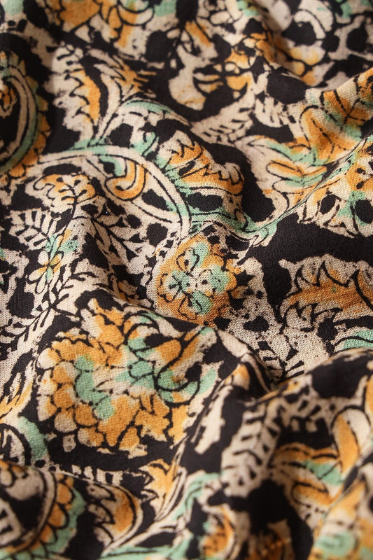 AIzaSyBcstauz-XMPRhEY21AUzeo032pxrXB5Ug - Black And Light Beige Paisley Pattern Handblock Kalamkari Organic Cotton Fabric