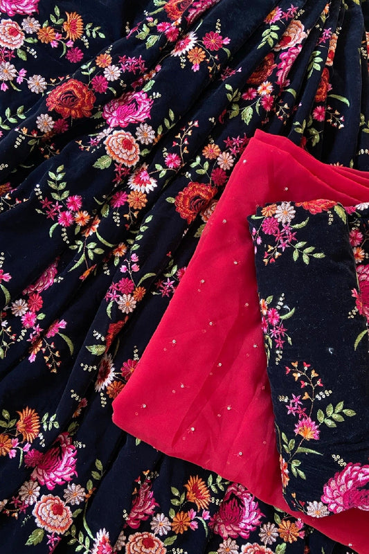 AIzaSyBcstauz-XMPRhEY21AUzeo032pxrXB5Ug - Black And Maroon Unstitched Lehenga Set Fabric (3 Piece)