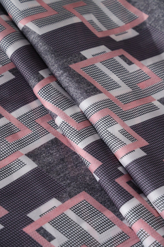 AIzaSyBcstauz-XMPRhEY21AUzeo032pxrXB5Ug - Black And White Geometric Pattern Digital Print On Georgette Satin Fabric