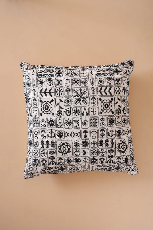 AIzaSyBcstauz-XMPRhEY21AUzeo032pxrXB5Ug - Black Cultural Embroidery on off white cotton Cushion Cover (16*16 inches)