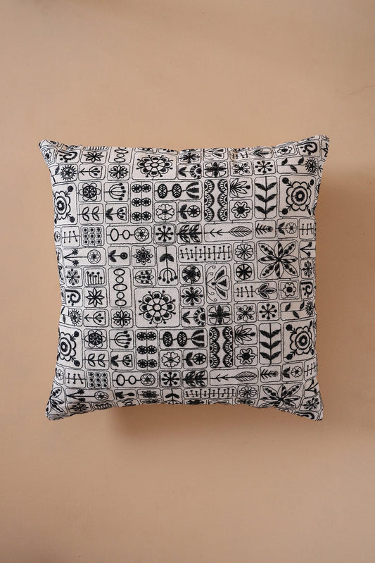 AIzaSyBcstauz-XMPRhEY21AUzeo032pxrXB5Ug - Black Cultural Embroidery on off white cotton Cushion Cover (16*16 inches)