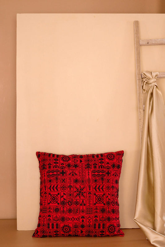 AIzaSyBcstauz-XMPRhEY21AUzeo032pxrXB5Ug - Black Cultural Embroidery on Red cotton Cushion Cover (16*16 inches)