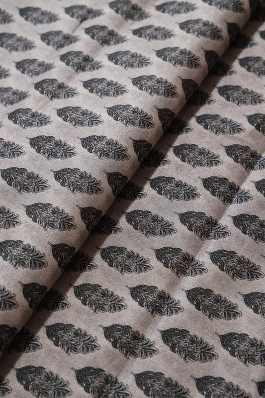 AIzaSyBcstauz-XMPRhEY21AUzeo032pxrXB5Ug - Black Leafy Digital Print On Grey Tussar Satin Fabric