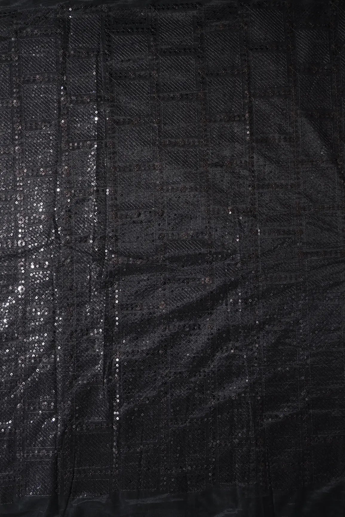 AIzaSyBcstauz-XMPRhEY21AUzeo032pxrXB5Ug - Black Sequins Checks Embroidery On Black Soft Net Fabric