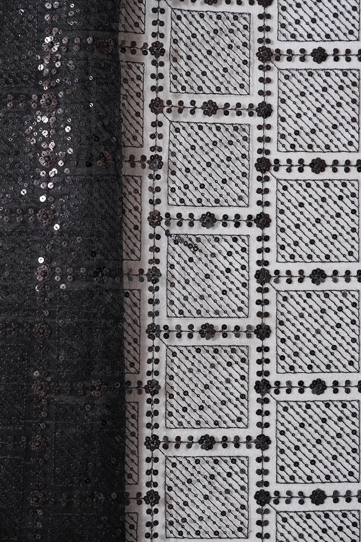 AIzaSyBcstauz-XMPRhEY21AUzeo032pxrXB5Ug - Black Sequins Checks Embroidery On Black Soft Net Fabric
