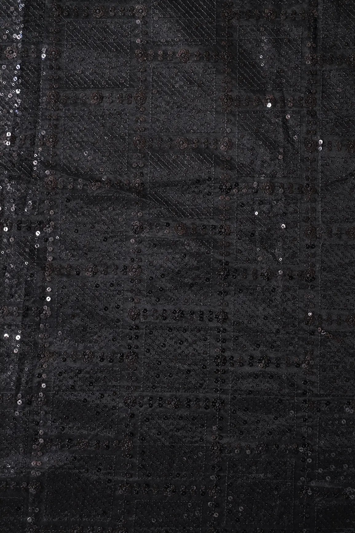AIzaSyBcstauz-XMPRhEY21AUzeo032pxrXB5Ug - Black Sequins Checks Embroidery On Black Soft Net Fabric