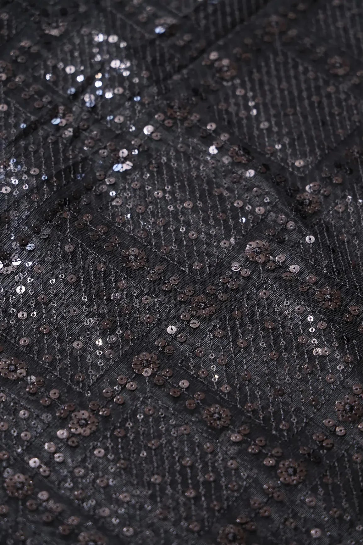 AIzaSyBcstauz-XMPRhEY21AUzeo032pxrXB5Ug - Black Sequins Checks Embroidery On Black Soft Net Fabric
