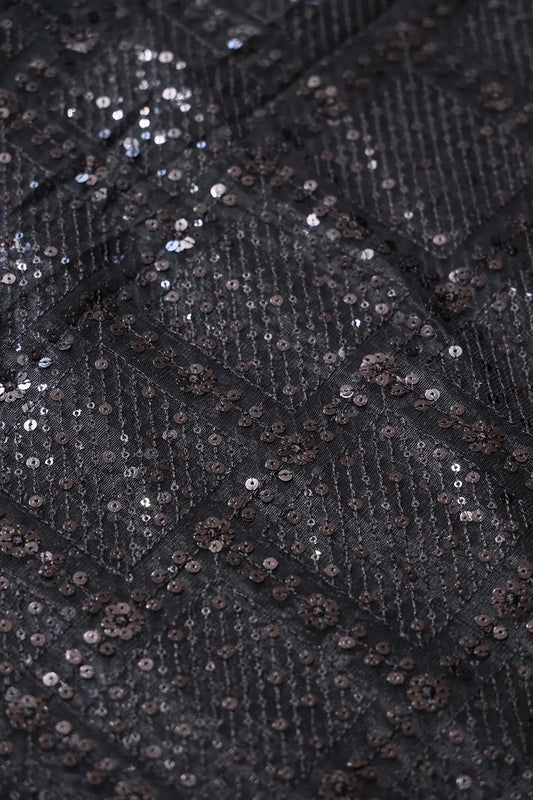 AIzaSyBcstauz-XMPRhEY21AUzeo032pxrXB5Ug - Black Sequins Checks Embroidery On Black Soft Net Fabric