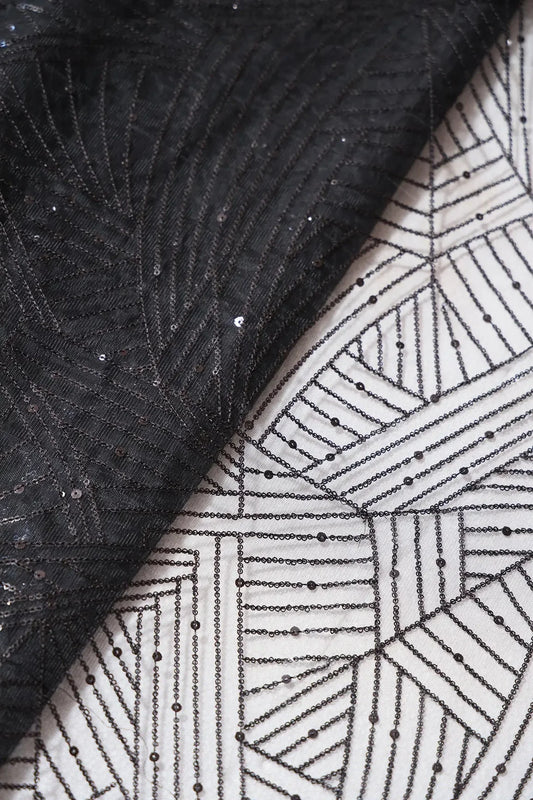 AIzaSyBcstauz-XMPRhEY21AUzeo032pxrXB5Ug - Black Small Sequins Geometric Embroidery On Black Soft Net Fabric