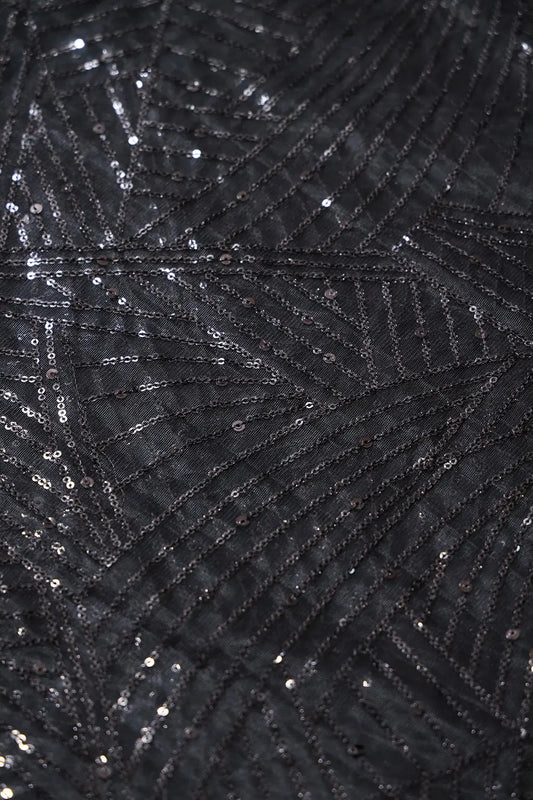 AIzaSyBcstauz-XMPRhEY21AUzeo032pxrXB5Ug - Black Small Sequins Geometric Embroidery On Black Soft Net Fabric