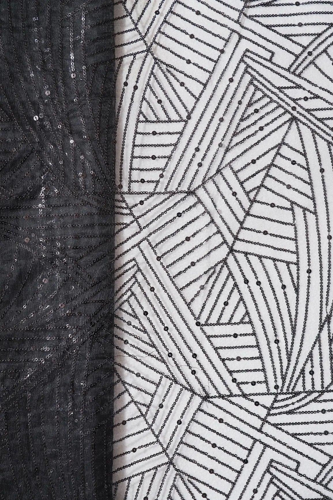 AIzaSyBcstauz-XMPRhEY21AUzeo032pxrXB5Ug - Black Small Sequins Geometric Embroidery On Black Soft Net Fabric