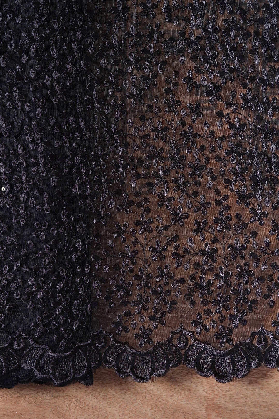 AIzaSyBcstauz-XMPRhEY21AUzeo032pxrXB5Ug - Black Thread Heavy Floral Embroidery On Black Soft Net Fabric With Border