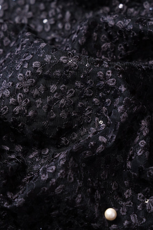 AIzaSyBcstauz-XMPRhEY21AUzeo032pxrXB5Ug - Black Thread Heavy Floral Embroidery On Black Soft Net Fabric With Border