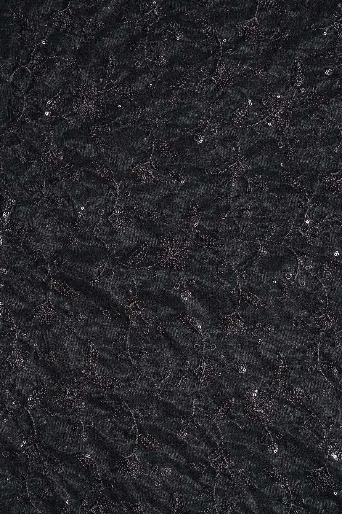 AIzaSyBcstauz-XMPRhEY21AUzeo032pxrXB5Ug - Black Thread With Black Sequins Floral Embroidery On Black Soft Net Fabric