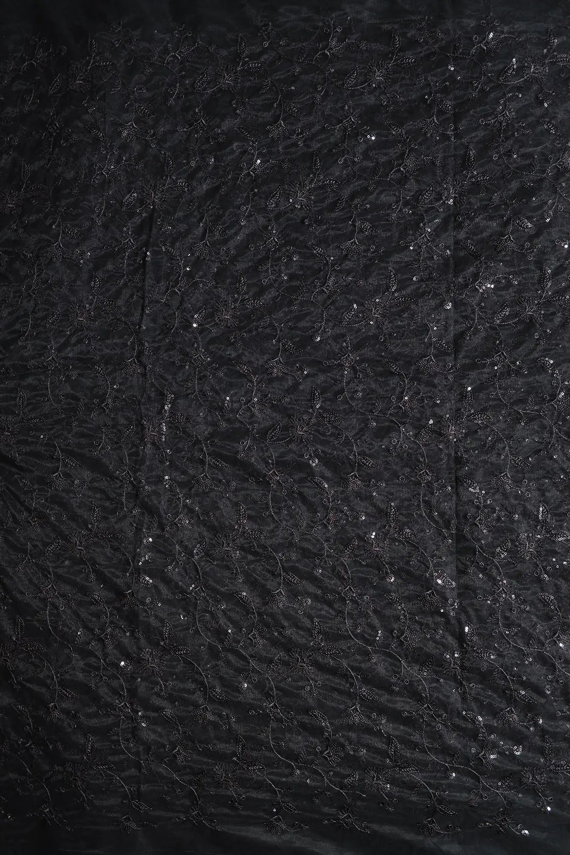 AIzaSyBcstauz-XMPRhEY21AUzeo032pxrXB5Ug - Black Thread With Black Sequins Floral Embroidery On Black Soft Net Fabric