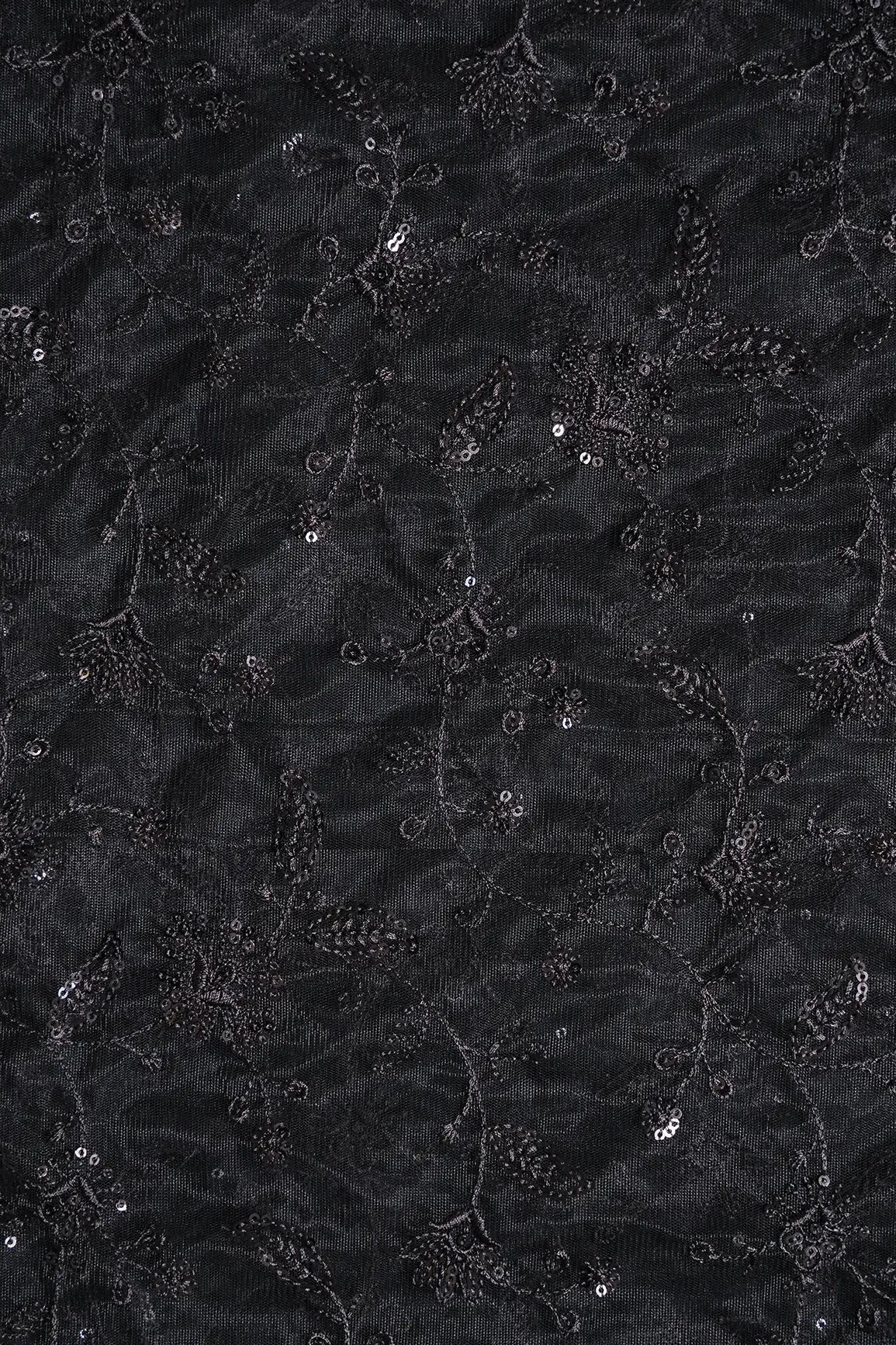 AIzaSyBcstauz-XMPRhEY21AUzeo032pxrXB5Ug - Black Thread With Black Sequins Floral Embroidery On Black Soft Net Fabric