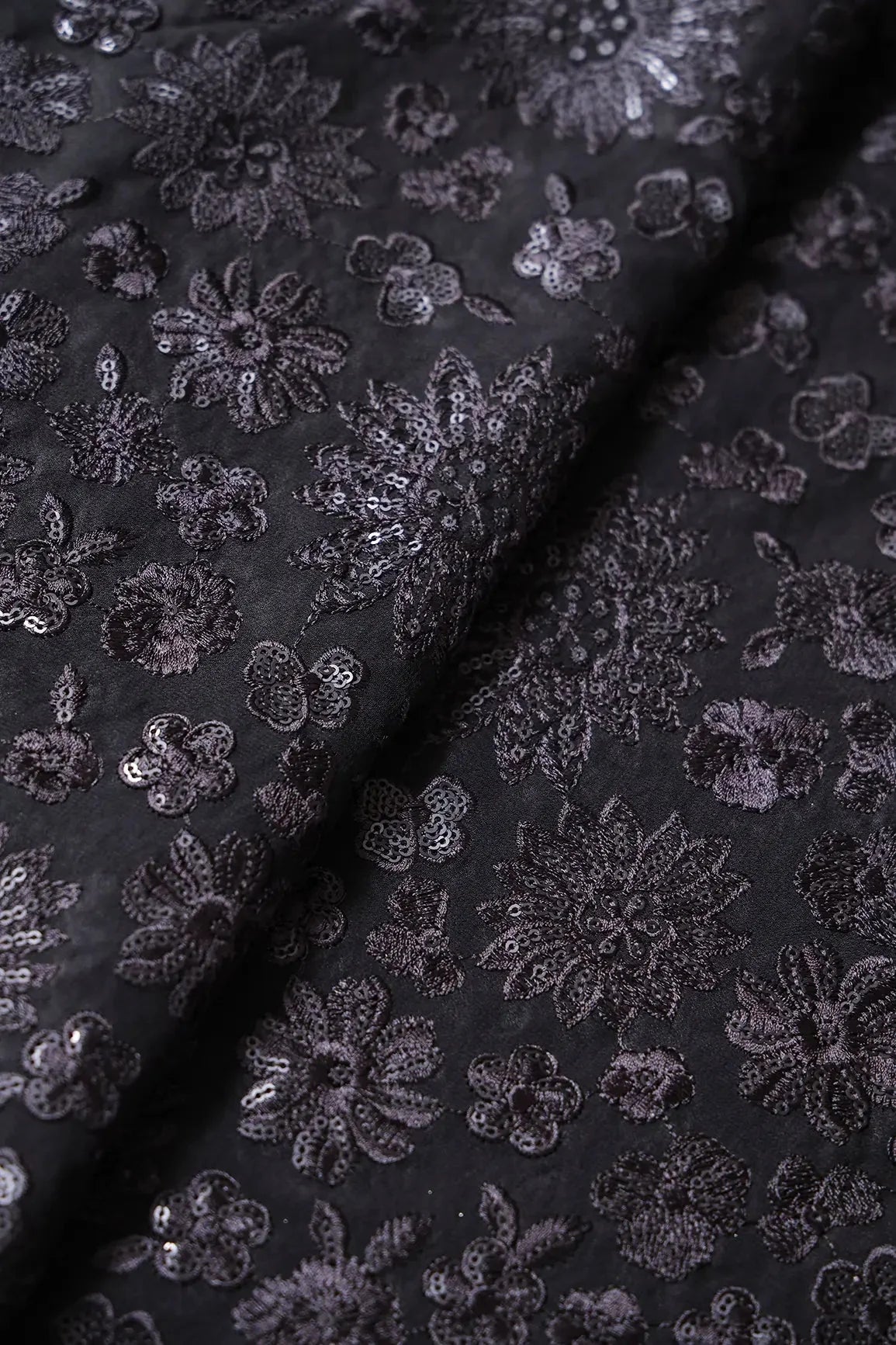 AIzaSyBcstauz-XMPRhEY21AUzeo032pxrXB5Ug - Black Thread With Black Sequins Floral Embroidery Work On Black Viscose Georgette Fabric
