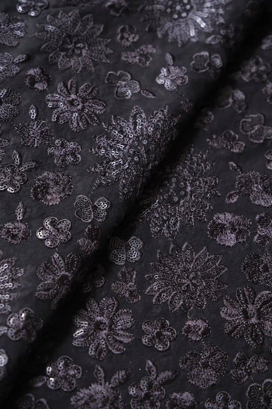 AIzaSyBcstauz-XMPRhEY21AUzeo032pxrXB5Ug - Black Thread With Black Sequins Floral Embroidery Work On Black Viscose Georgette Fabric